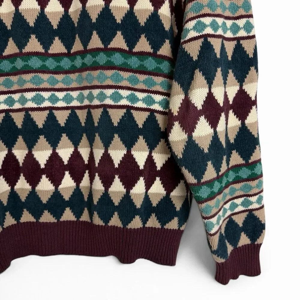 VTG 90s Saks Fifth Avenue 100% Cotton Geometric Grandpa Sweater Multicolor XL